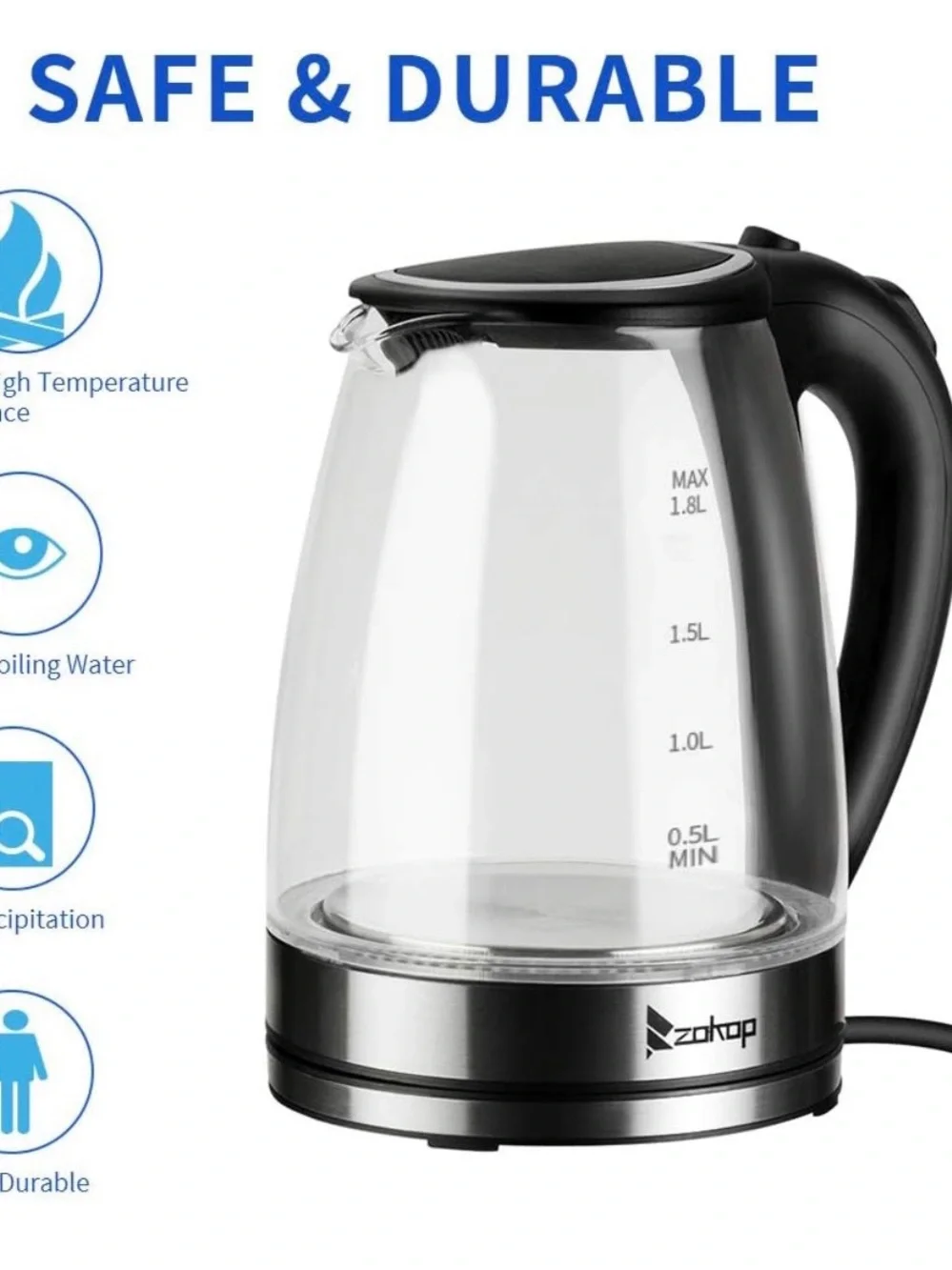 New Zokop Electric Glass Hot water Tea Kettle 1500W 1.8L Black Stainless Steel